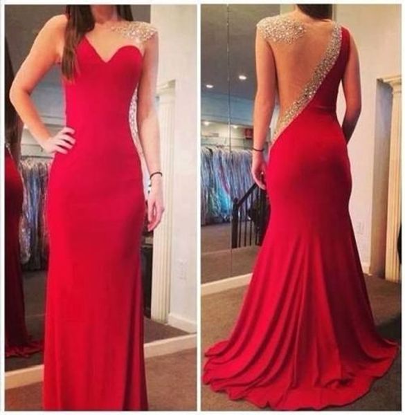 

red a-line backless crystal beaded sheer neck prom dresses with rhinestone strap open back floor length mermaid party dresses pageant gowns, Black