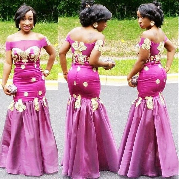 

fushia plus size taffeta evening dresses mermaid aso ebi floor length africa off shoulder evening gowns with gold appliques prom dresses, Black;red