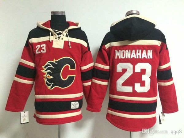 

calgary flames old time hockey jerseys #23 sean monahan red hoodie pullover sweatshirts winter jacket, Black;red