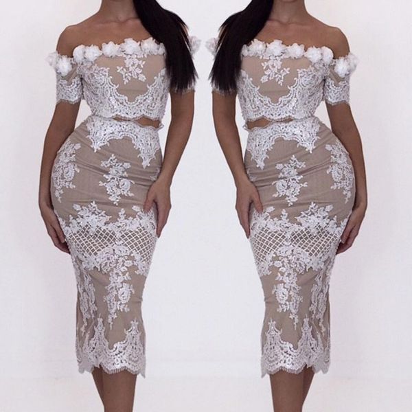 

с плеча коктейльные платья с коротким рукавом кружева аппликация две части пром платья дешевые чай длина вечернее платье, Black