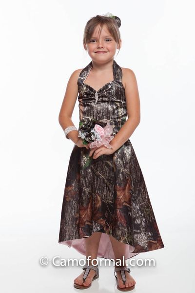

mossy oaky camo flower girls dresses satin camouflage kids wedding dresses hi-lo halter flower girls' dresses, White;blue