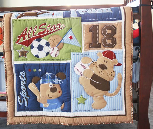 Bear Play Baseball Baby Bedding Set 100 Cotton Quilt Bumper Skirt