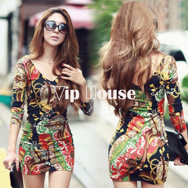 

2014 plus size dress print floral mini bodycon long sleeve women party evening casual new fashion club wear winter 9014, Black;gray