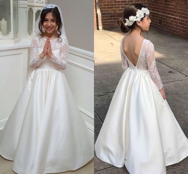 

lace satin long sleeves flower girls dresses for weddings floor length backless junior bridesmaid dresses first communion dresses, White;blue