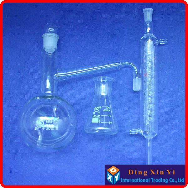 

wholesale-500ml distiling apparatus with ground glass joints,glass distillation unit,distillation flask+graham condenser+conical flask