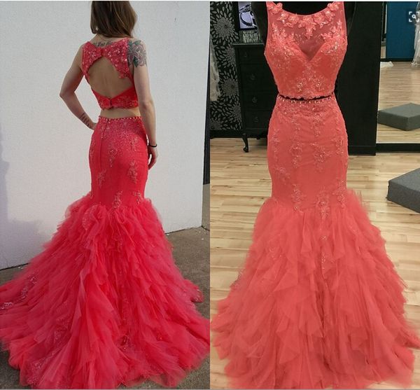 

two pieces evening dresses red backless mermaid ruffles party gowns with appliques beaded prom gowns, Black;red