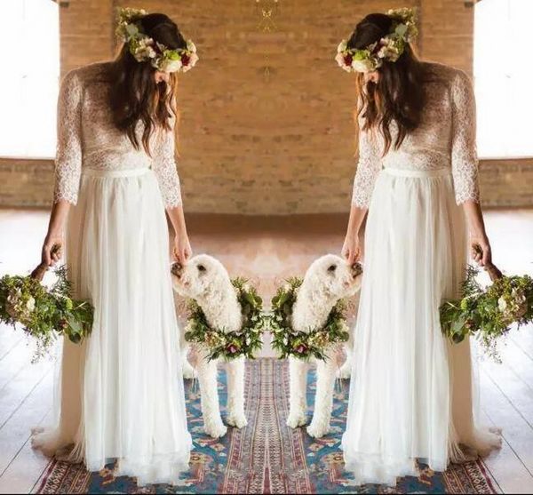 

vintage country boho wedding dresses 2018 sheer long sleeves lace full length bridal gowns a line chiffon beach wedding gowns, White