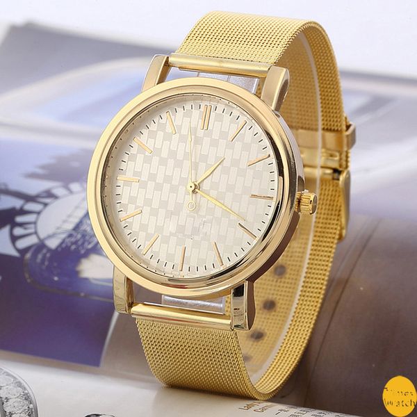 Новая мода роскошные женщины платье Марка Кварцевые наручные часы дамы повседневная плоский марлевые золотые часы montre femme