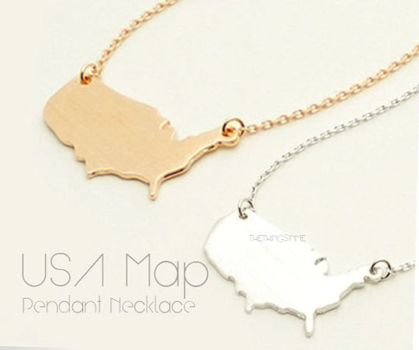 

30pcs- n017 outline united states map necklace usa silhouette map necklace geometric america country nation necklace for earth, Silver