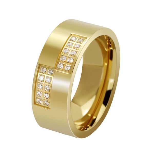 Jóias de aço de titânio jóias zircônia cúbica homens anéis de dedo de moda ouro 8mm tamanho 7-13