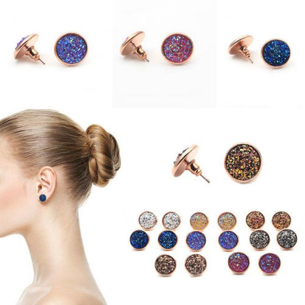 

fashion 12mm resin drusy druzy earrings gold plated candy gemstone imitation stone stud earrings for women lady jewelry, Golden;silver