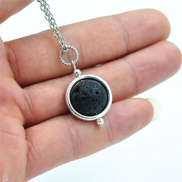 

fashion 14mm natural black lava stone necklace rock beads aromatherapy essential oil diffuser necklace for women jewelry, Silver