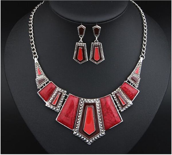

wholesale-retro bohemia colorful gem stone chokers necklaces fashion geometric statement necklaces & earrings sets fn2015549, Golden;silver