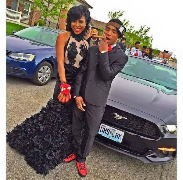 

2016 high neck mermaid lace prom dress 2k15 with hand made flowers and applique lace party gowns sweep train evening dresses, Black
