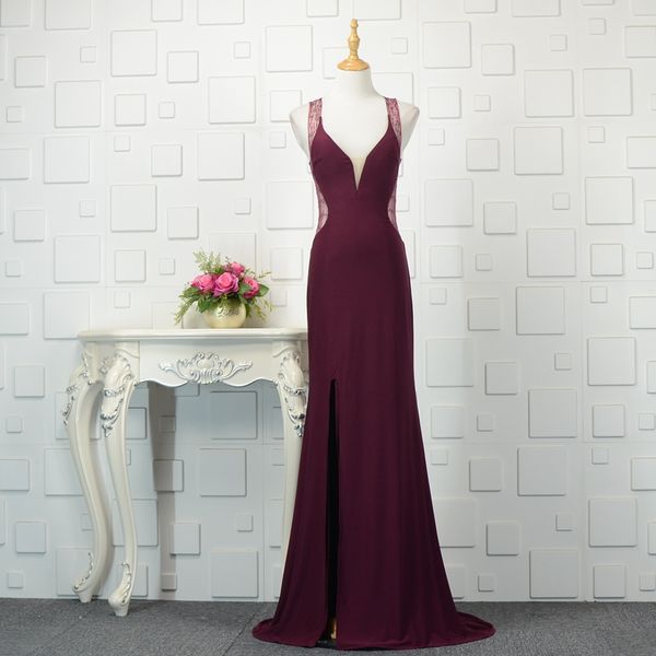 

burgundy mermaid evening dresses scoop illusion sheer with beading side split elastic silk like satin long prom gowns real pictures, Black