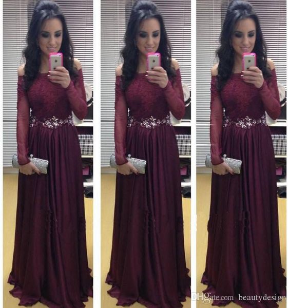 

2016 burgundy off shoulder lace long sleeves a line chiffon evening dresses vestidos lace appliques prom party gowns evening gowns bo7291, Black;red