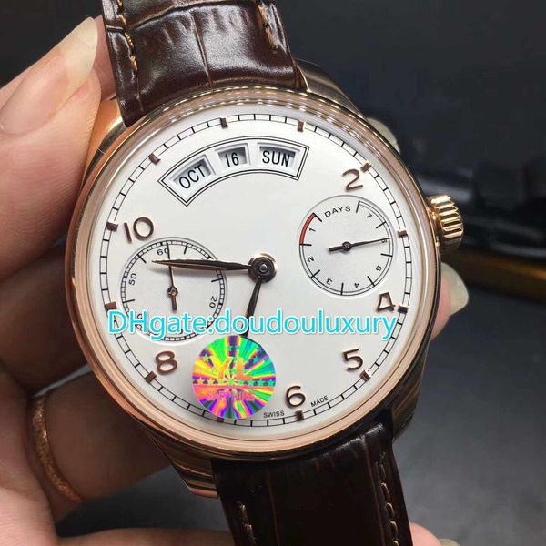 

grade 47mm automatic wristwatch rose gold case brown leather strap glass back cover year date and day works perpetual calendar watch, Slivery;brown