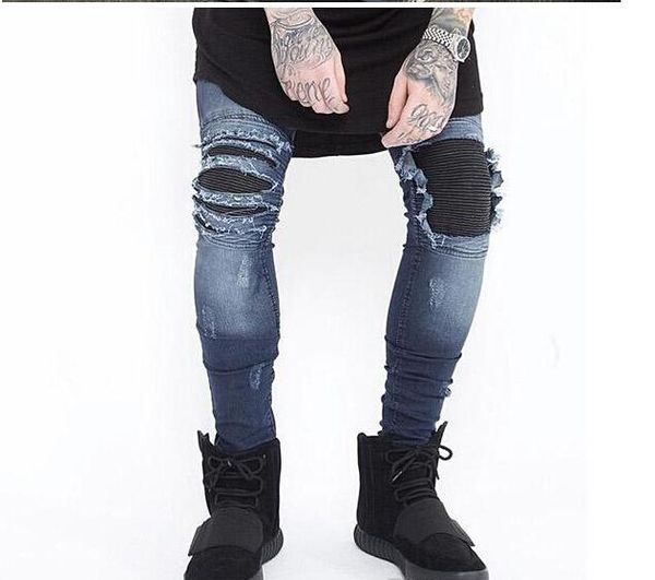

new fashion hi-street mens destroyed jeans with zippers ripped hip hop jeans with holes on the knee distressed denim joggers, Blue