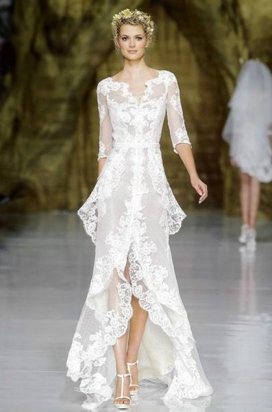 

Sheath wedding dre e 2014 bateau half poet leeve ve tido de novia heer back long tier hi lo lace hort white bridal gown