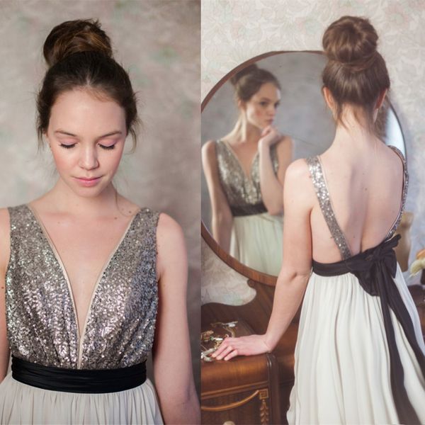 

simple wedding dresses 2016 vestidos de novia sequined glitter gold v neck open back a line bohemian bridal dress sweep train, White