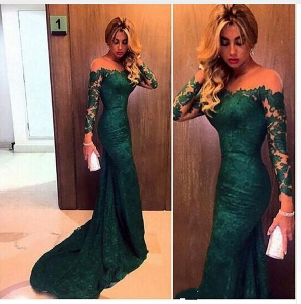 

2019 new in stock fashion dark green mermaid lace evening dress long sleeves women formal occasion gown 222, Black;red
