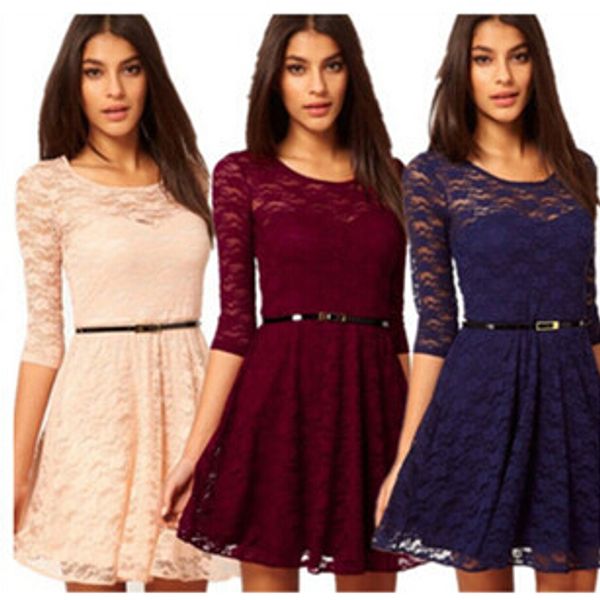 

2016 fashion summer lace dress women's casual bodycon midi dress half sleeve mini party dress skirt with belt, Black;gray