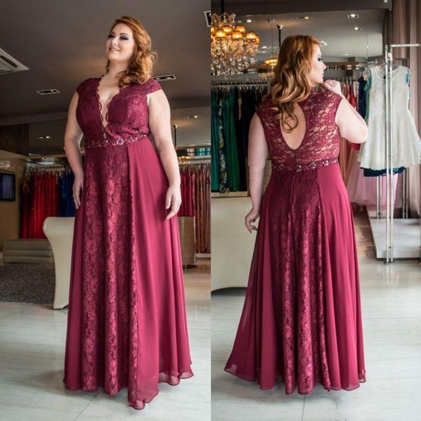 Plus Size Abendkleid Kleid Rotwein Spitze Vestidos De Fiesta Hohlkreuz Ballkleider für dicke Frauen