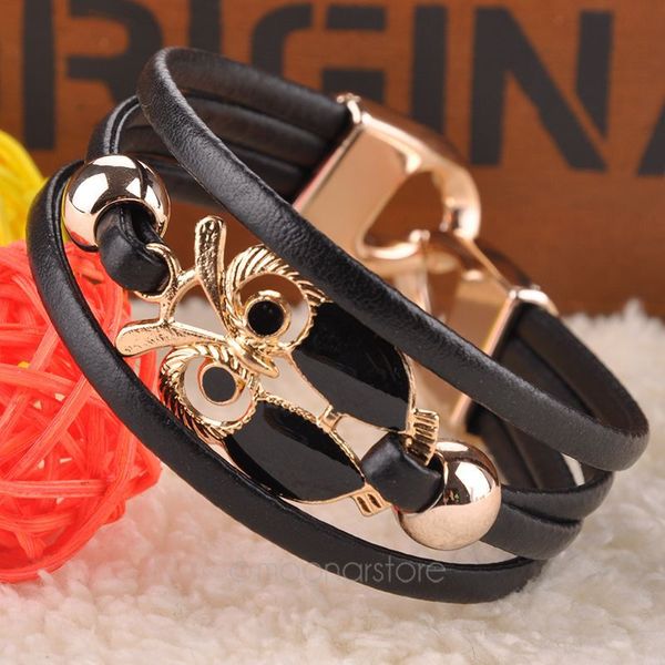 

wholesale-2015 new fashion 5 colors colorful owl beaded leather bracelet strap braided chain multilayer hand cuff bangle fmhm093#m1, Golden;silver