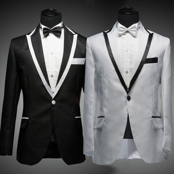 

wholesale-white suit black lapel men white suite jacket with black trim wedding suit stage host black and white mens suits ( jacket+ pant, White;black
