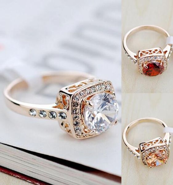 

elling 18k rose gold plated perfect cut white red champagne ruby austrian crystal luxury lady finger ring wholesale, Golden;silver