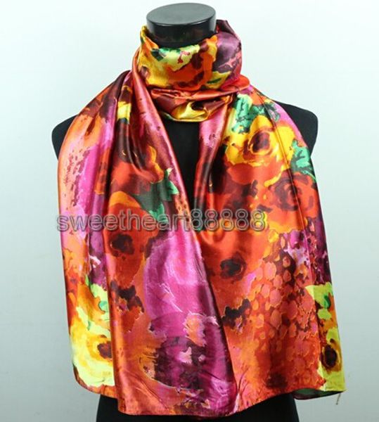

1pcs Volcano Color Flower Yellow Flowers Women's Fashion Satin Oil Painting Long Wrap Shawl Beach Silk Scarf 160X50cm