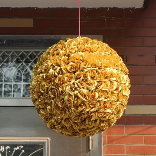 2019 Gold Color Artificial Encryption Rose Silk Flower Kissing Balls Hanging Ball Christmas Ornaments Birthday Wedding Party Decorations Supply From
