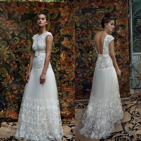 

2018 кружева пляжные свадебные платья с короткими рукавами lihi hod jewel шеи свадебное платье с открытой спиной старинные длинные ленты лен, White