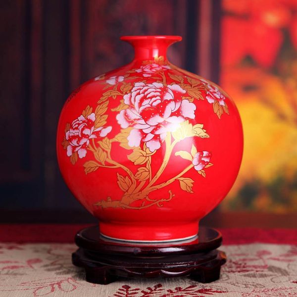 Jingdezhen Porcelain Chinese Red Peony Vase Desktop Small