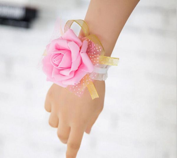 Flores de pulso de casamento dama de honra de seda rosa corsages mão flor flores artificiais para decoração de casamento 4 cores G1130