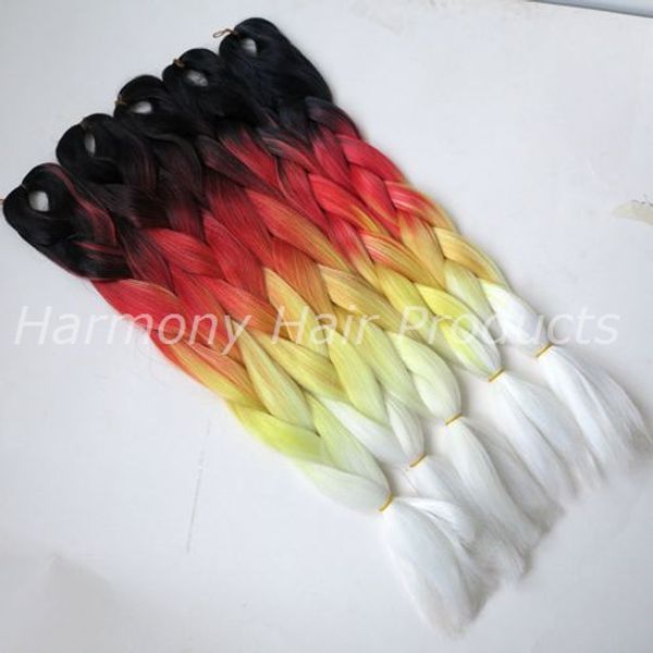 Cabelo de trança de jumbo sintético preto + vermelho + amarelo + branco 100g 24inch ombre quatro cores cor crochet tranças sintéticas extensões de cabelo sintético