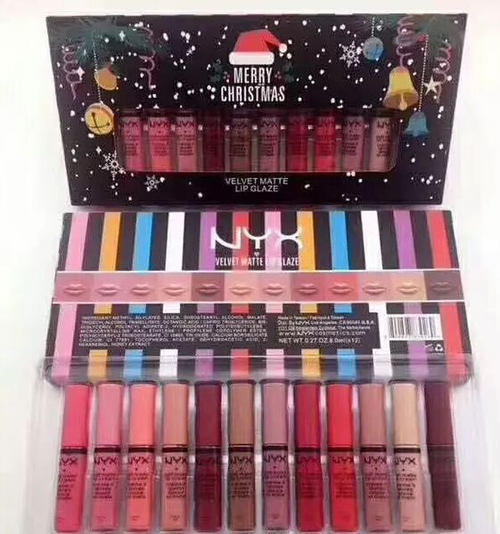 

NYX Velvet Matte Lip Glaze Lipstick Merry Christmas Set 12 Shades Normal Edition Lip Gloss Set Free Shipping 2017