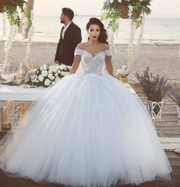 

fashion off the shoulder 2018 ball gown wedding dresses with short sleeves applique lace tulle court train pleated garden country, White