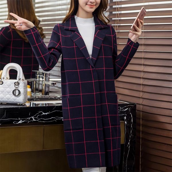 

wholesale- korean fashion women cardigan warm cashmere knitting woolen coat women grid female long suit collar gilet femme manche longue, White;black