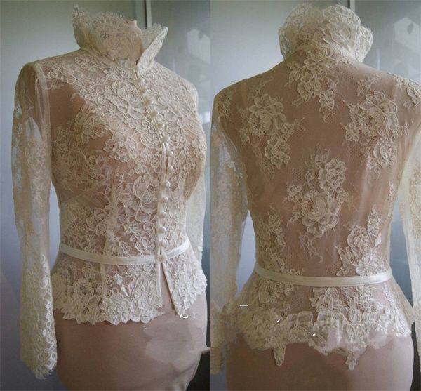 

ivory high neck bridal jackets long sleeve lace applique wedding wraps bridal shawl bolero jacket plus size, White