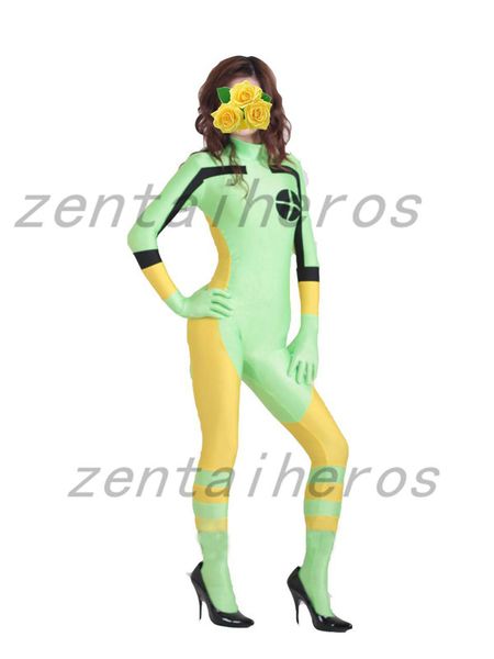 

spandex light green and yellow rogue superhero costume, Black;red