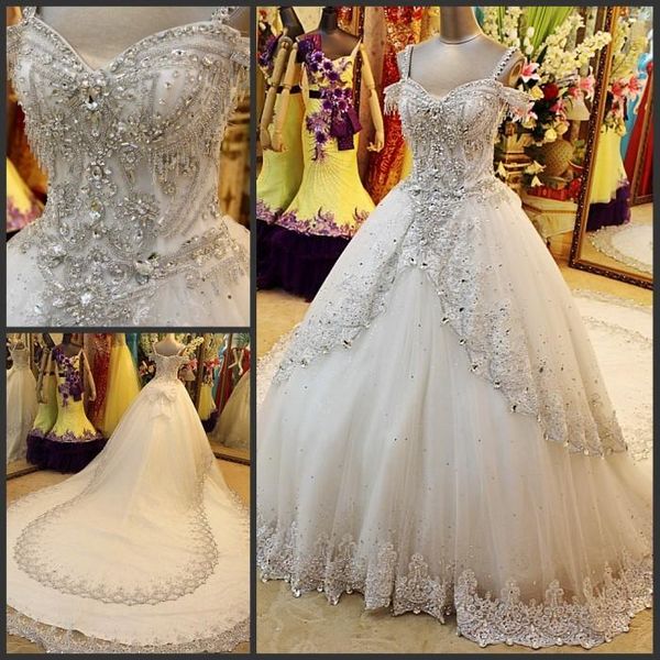 

ball gown sparkling wedding dresses luxurious crystal beaded custom made bridal gown spaghetti chapel train lace applaiques, White