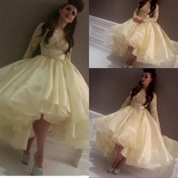 

2015 short party dresses knee-length long sleeve prom dresses lace appliques crew ruffles pleats ruched beaded crystals puffy prom dress, Black