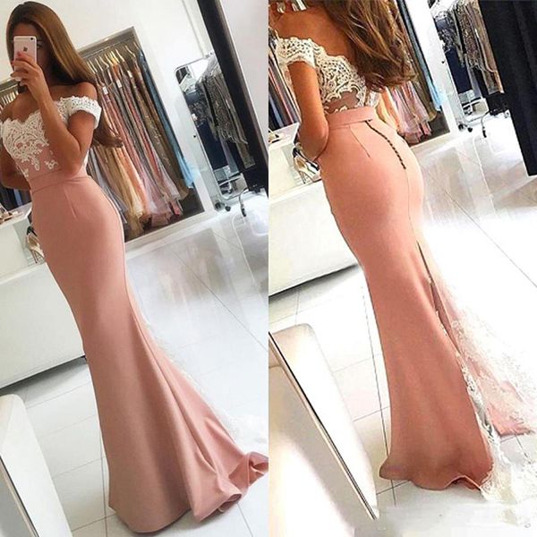 2017 Donne Sexy Pizzo Off Spalla Formale Dusty Pink Mermaid Prom Dresses Abiti da sera Lungo Arabia Saudita Abito da ballo economico per feste Spedizione gratuita