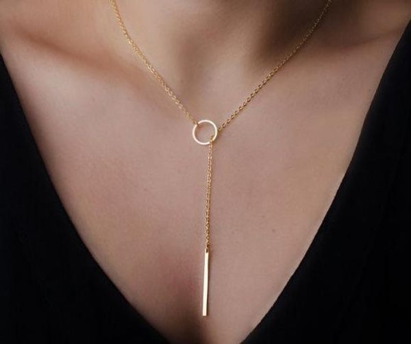 

Ожерелья подвески женщины простой золотой цвет сплава Y-образный колье заявление ожерелья 18K позолоченные дешевые длинные подвески цепи ожерелья