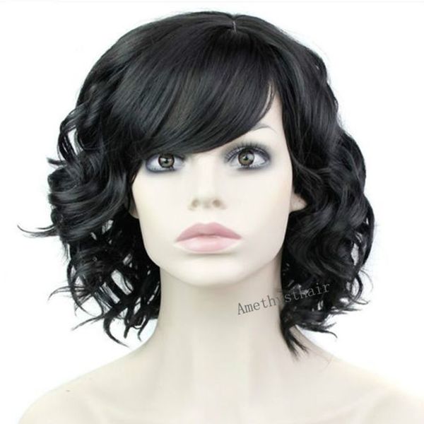 Short Wavy Bob Human Hair Wigs With Side Bangs For Black Women 100