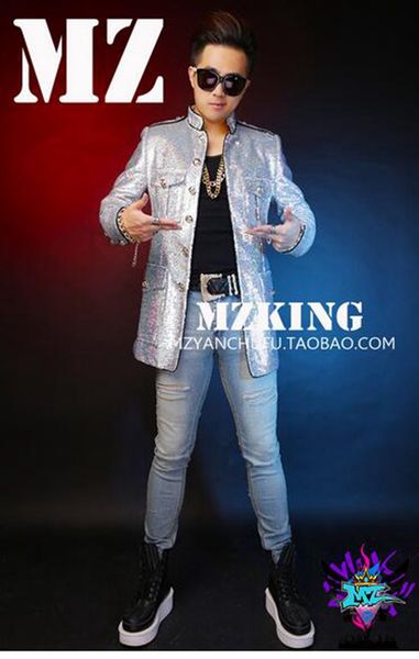 

male singer clubs in europe and the runway looks dazzle colour silver piece long suit costumes in the collar. s - 6 xl, Black;red