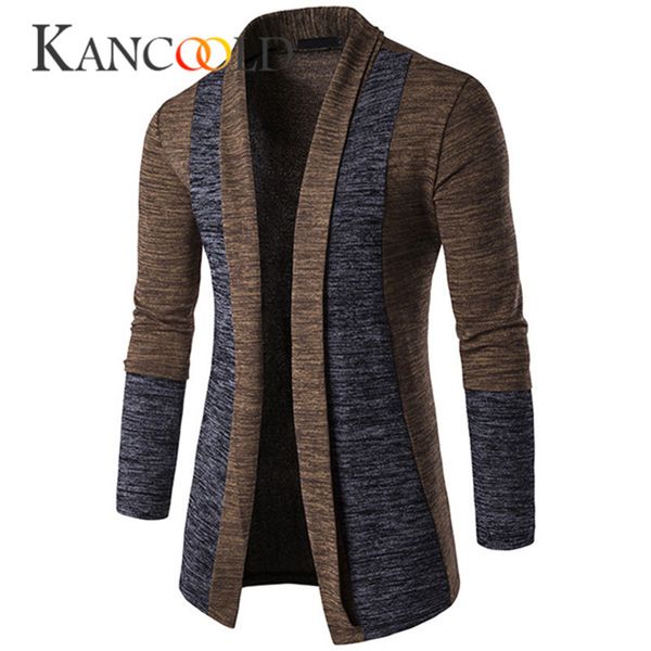 

wholesale- 2017 winter men solid slim trench coat long sleeve jacket cardigan knit knitwear jackets england style for male overcoat sp26a, Tan;black