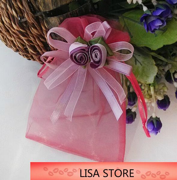 

100pcs various sizes organza bags tulip flowers bowknot business promotional packaging bag sachet candy beads christmas gift bags, Pink;blue