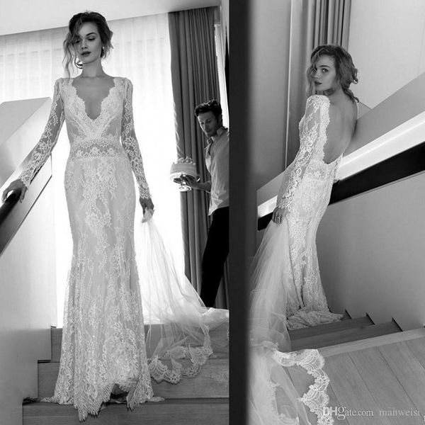 Vintage Vestidos De Nnovia Abiti da sposa a sirena Manica lunga Backless 2018 Lihi Hod Abiti da sposa in pizzo pieno robe de mari￩e